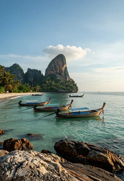 Tropical bay scene with longtail boats sandy beach and forested mountains