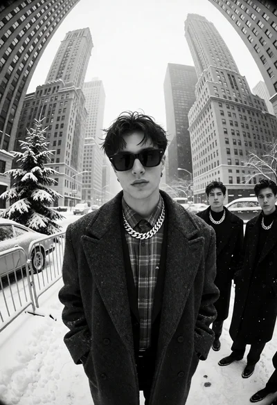 Black and white photograph of men on a snowy city street with