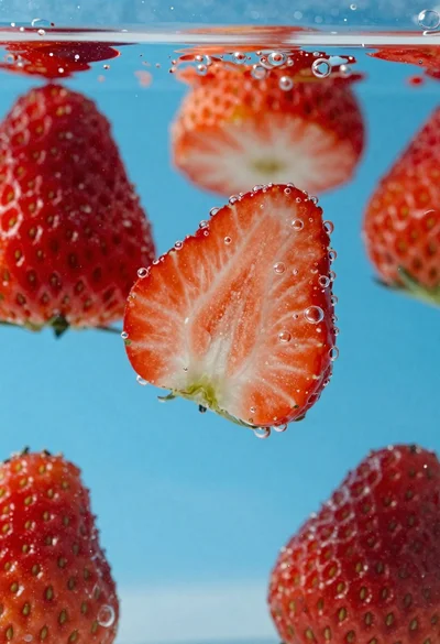 Fresh red strawberries sliced in half suspended underwater with rising bubbles