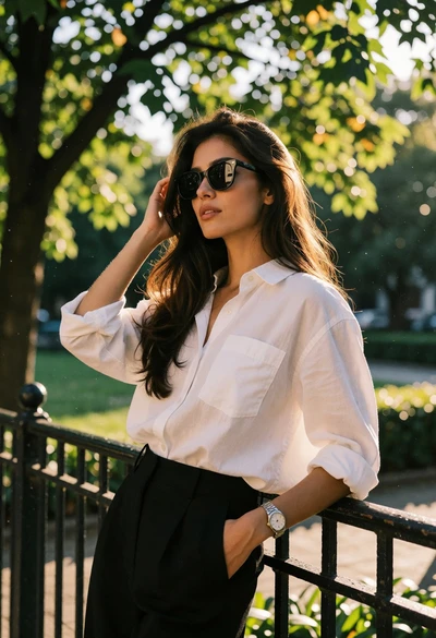 Stylish young woman leaning on railing in park during golden hour sunlight