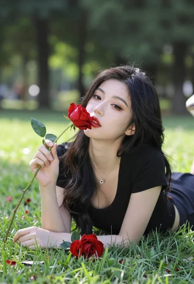 Young woman lying in grass with red roses