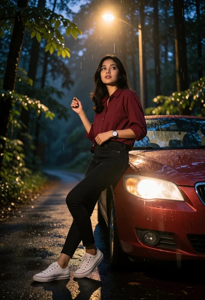 Young woman leaning on red car on a wet forest road at