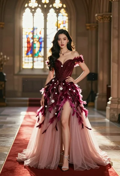 Glamorous woman in burgundy gown standing in an elegant palace hall
