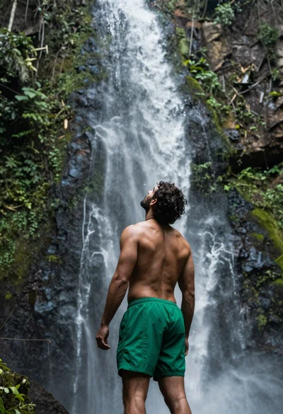 Muscular man standing before massive waterfall in lush jungle setting
