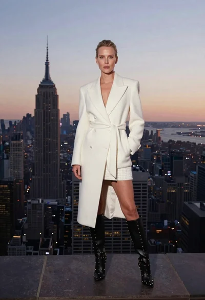 Blonde woman in white blazer coat atop skyscraper ledge at dusk