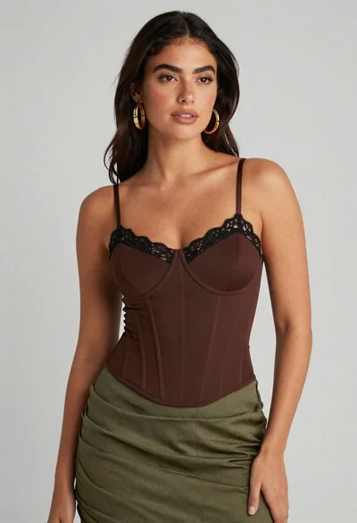 Confident woman in brown corset top and green skirt against gray background