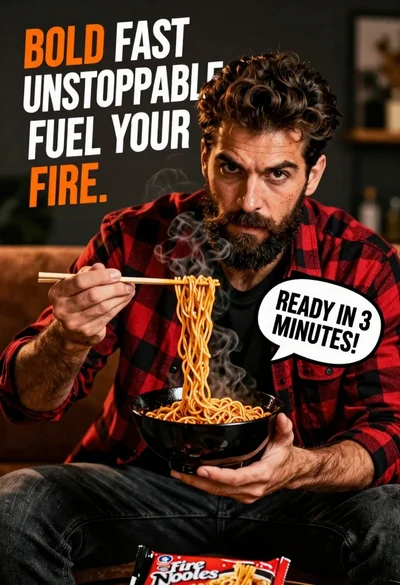 Handsome bearded man eating spicy noodles in dimly lit room