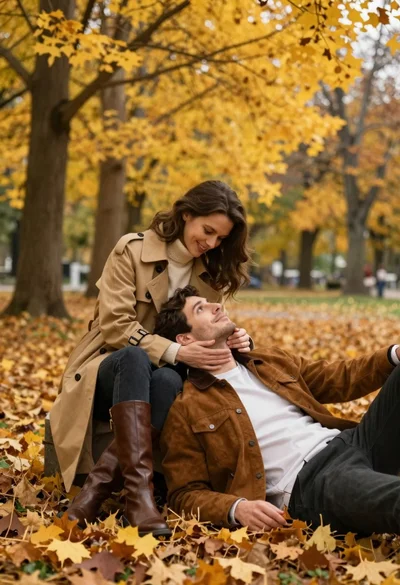 Couple sharing a romantic moment in an autumn park with fallen leaves