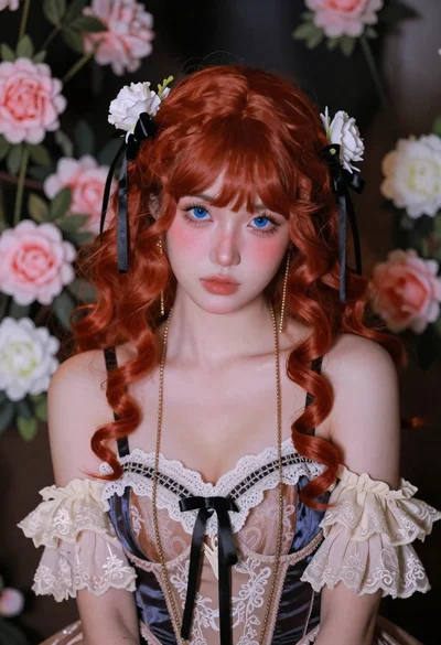 Portrait of woman with red hair and blue eyes