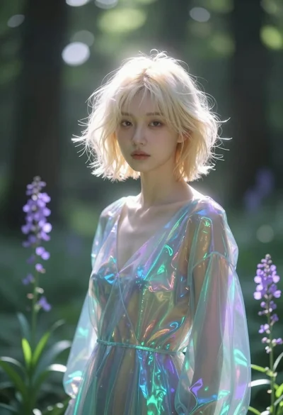 Young woman in iridescent garment standing in sundappled lush green forest