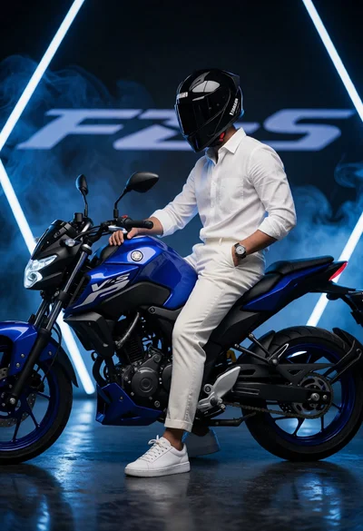 Man sitting casually on blue motorcycle in dark studio setting