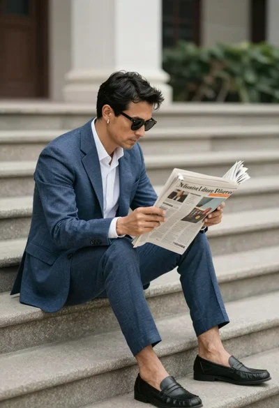 Man in blue suit reading newspaper sitting on concrete stairs outdoors