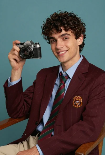 Young man smiling with vintage camera in light blue shirt portrait