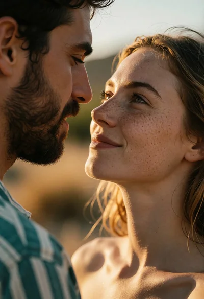 Close up profile shot of couple in intimate moment at golden hour