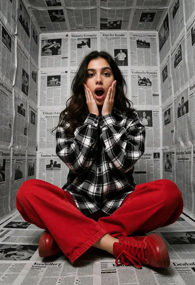 Young woman in plaid shirt surrounded by newspaper clippings interior setting