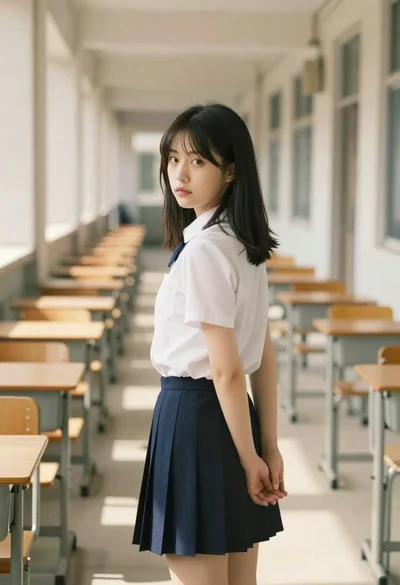 Young woman in school uniform looking back over shoulder down hallway