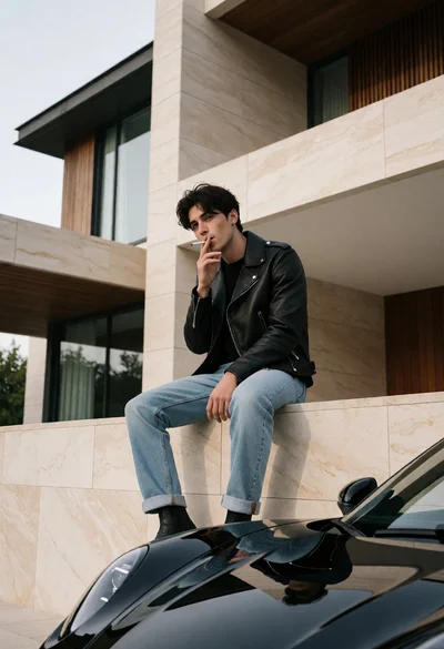 Young man in biker jacket on stone ledge near modern architecture and