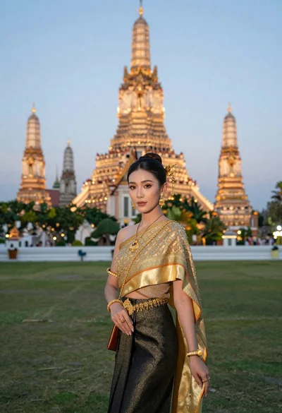 Woman in traditional thai dress standing before a grand golden temple