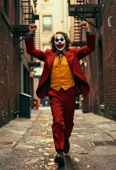 Joker running down a narrow brick alleyway