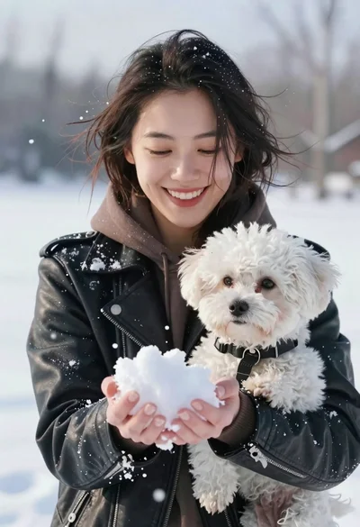 Smiling woman in leather jacket holding white dog and snow