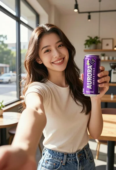Young woman taking selfie in cafe holding purple beverage can