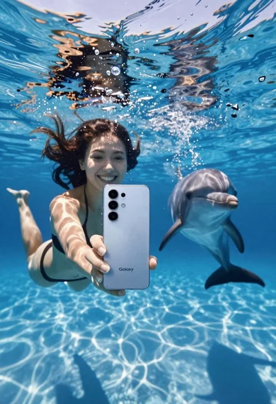 Young woman taking underwater selfie with dolphin in blue pool