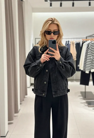 Young woman with blonde hair taking a mirror selfie in a clothing