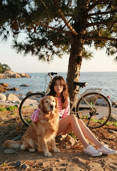 Young woman with brown hair and golden retriever under pine tree