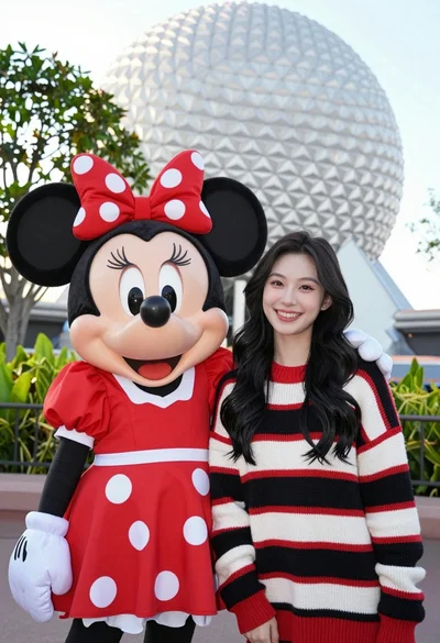 Smiling young woman next to minnie mouse character at epcot geodesic sphere