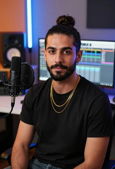 Medium close up portrait of man in studio setting with microphone