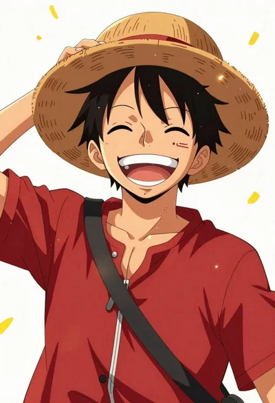Anime boy in straw hat laughing on white background