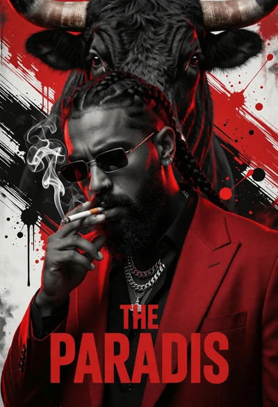 Cinematic promotional poster of man with bull head against red black brushstrokes
