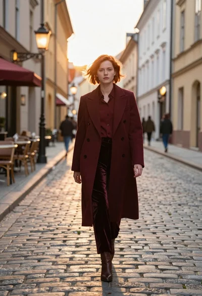 Woman in burgundy coat walking down historic european cobblestone street