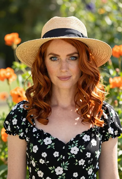 Close up portrait of woman with red hair in garden setting