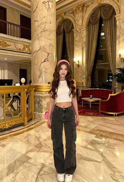 Young woman in white top and cargo jeans in luxury lobby