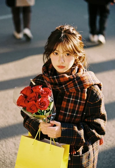 Young woman with brown hair holding roses on an urban street at