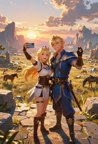 Anime couple taking selfie overlooking fantasy kingdom sunset