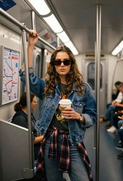 Young woman with brown hair and denim jacket inside a subway car