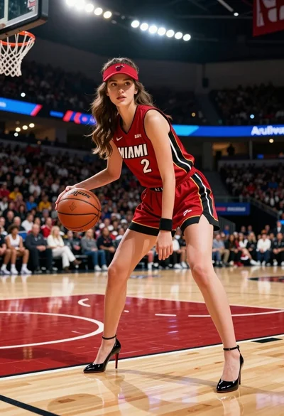 Woman in miami heat uniform posing dynamically on a wooden basketball court