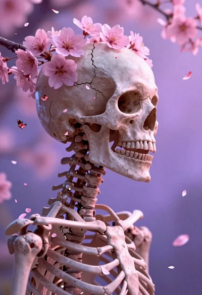 Skeletal profile with pink blossoms in dreamy space