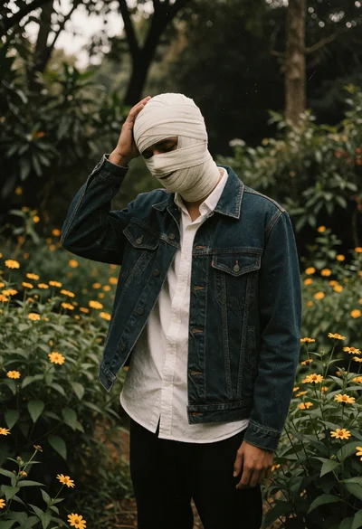 Mysterious bandaged figure in lush garden setting with dark backdrop