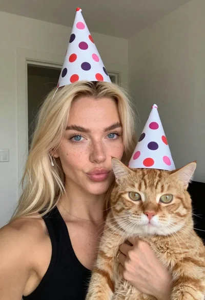 Woman with cat wearing polka dot party hats indoors