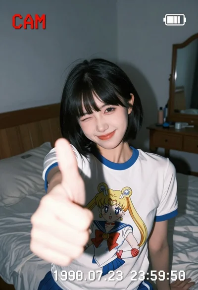 Young east asian woman in white sailor moon tshirt taking a selfie