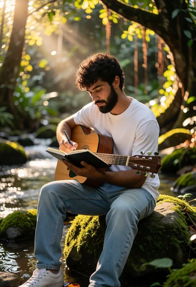 Young man writing music by a stream in sunlit forest setting