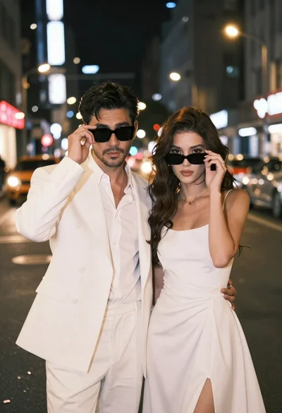 Stylish couple in white outfits posing on busy city street at night