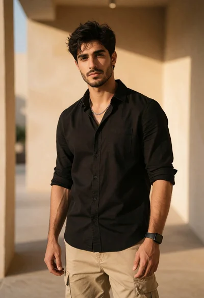 Young man in black shirt standing in sunlit beige architectural corridor