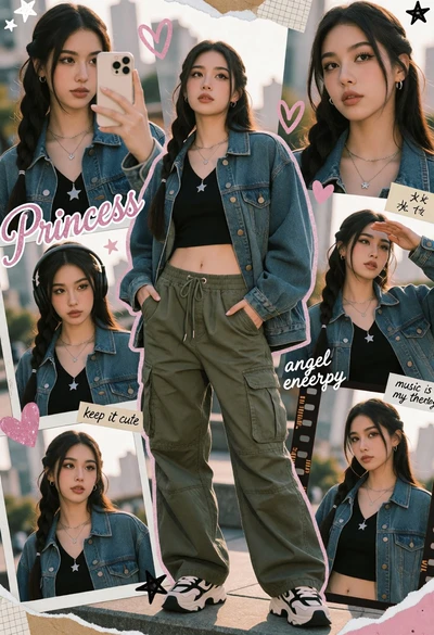 Collage montage of young woman in denim jacket outdoors with urban elements