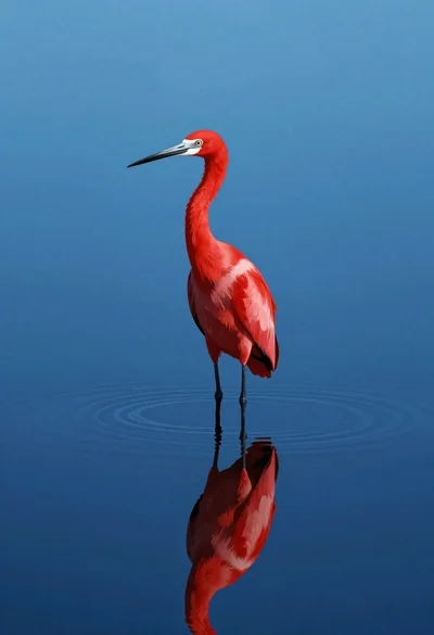 Vibrant red heron standing in calm blue water