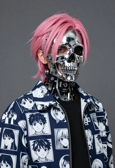 Youthful figure with chrome skull mask and pink hair