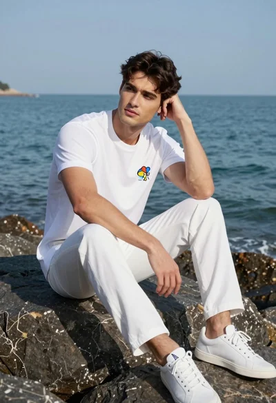 Young man in all white outfit sitting on dark rock by calm